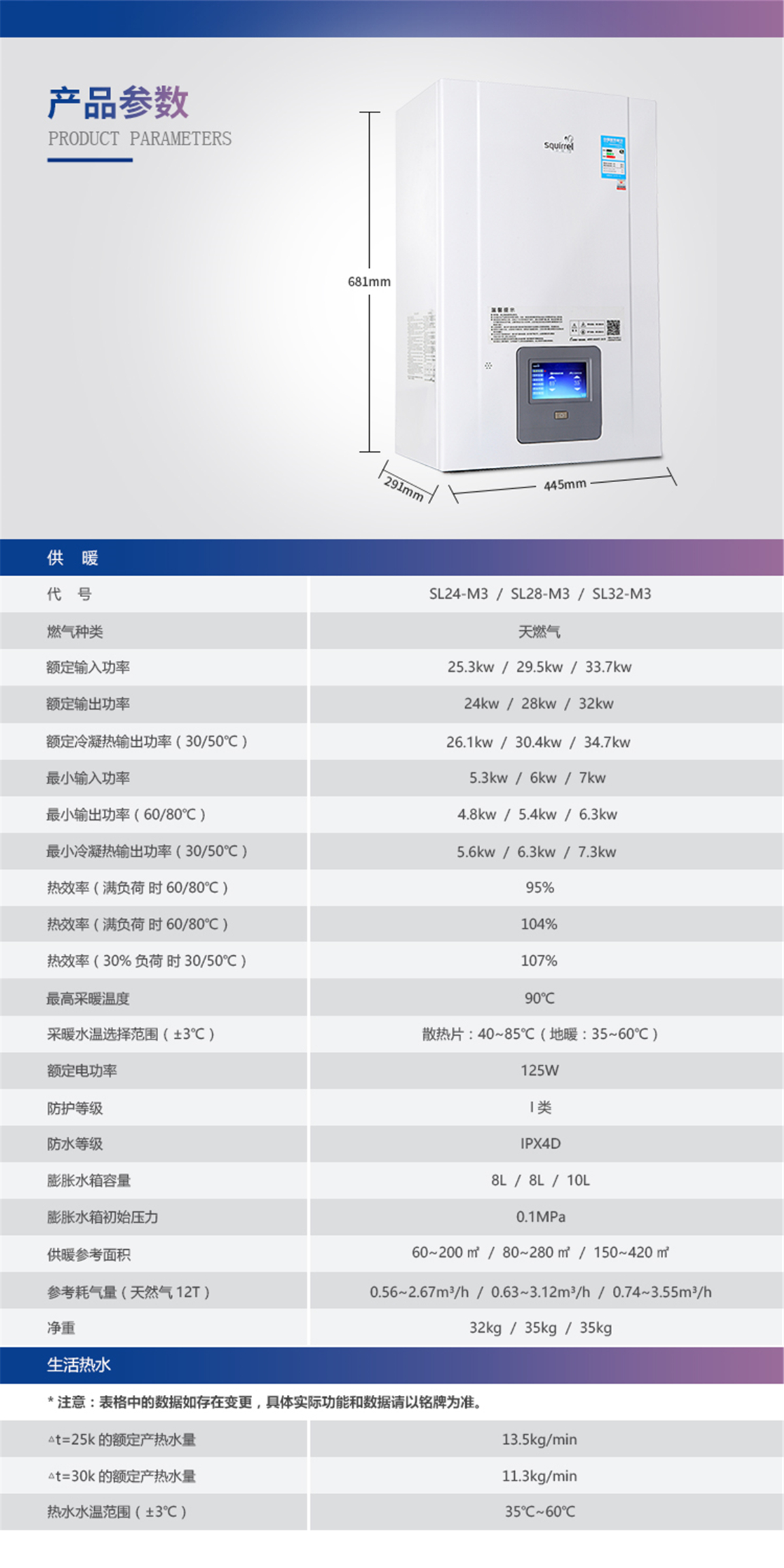 小松鼠（squirrel）天然氣壁掛爐 家用燃氣采暖爐 沐浴采暖兩用冷凝鍋爐M3 SL24-M3